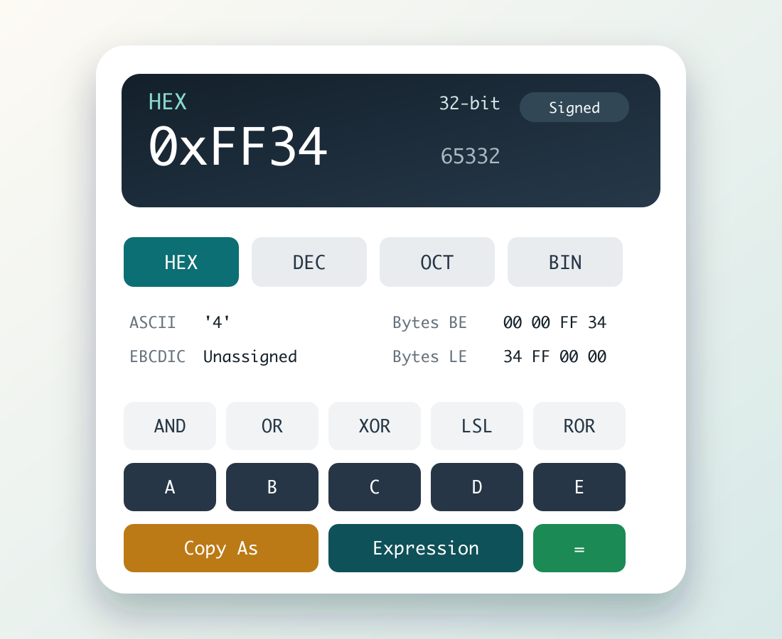 Hex Calculator interface preview showing base conversion and bitwise tools.